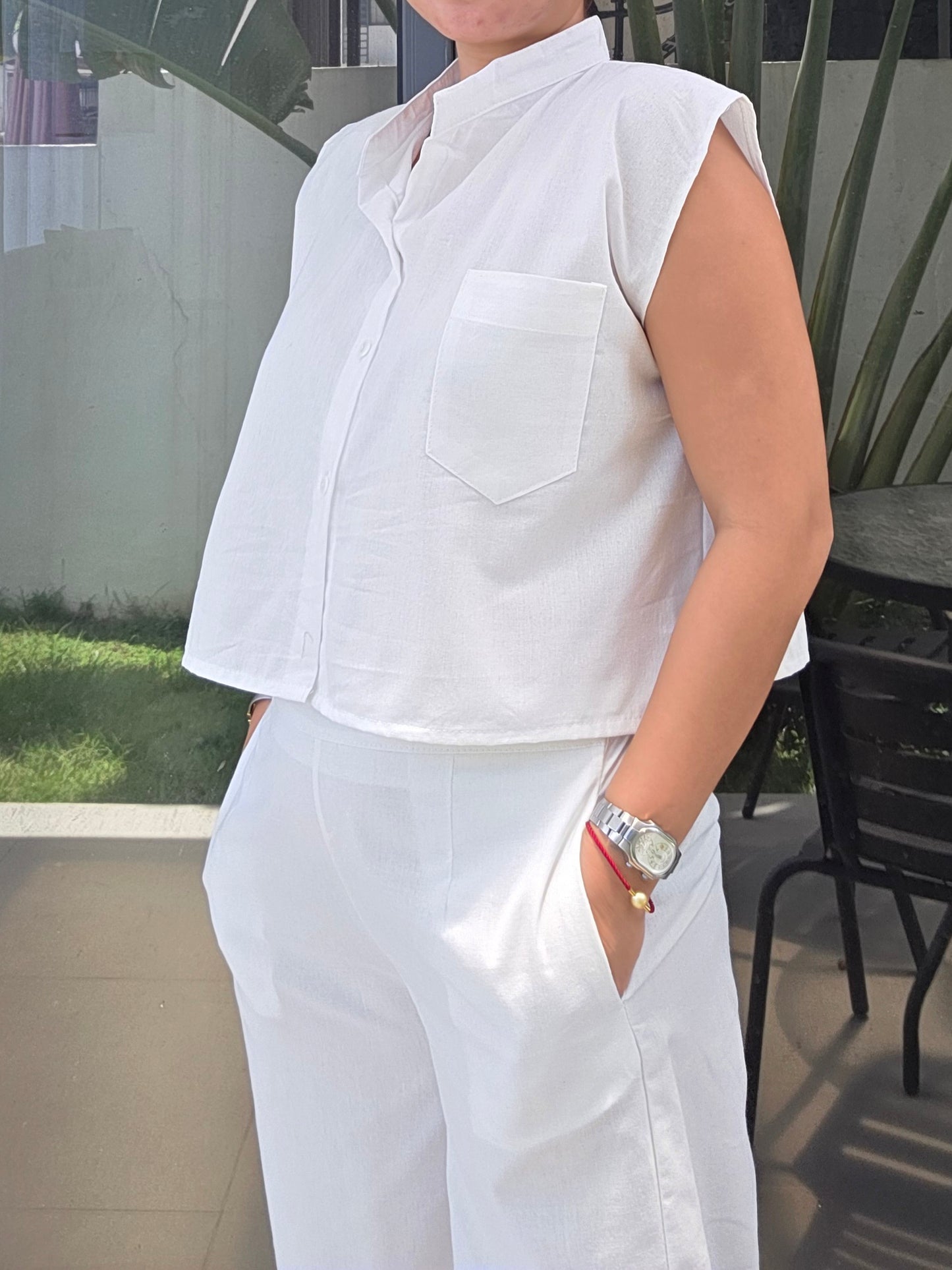 White Linen Boxy Button Top