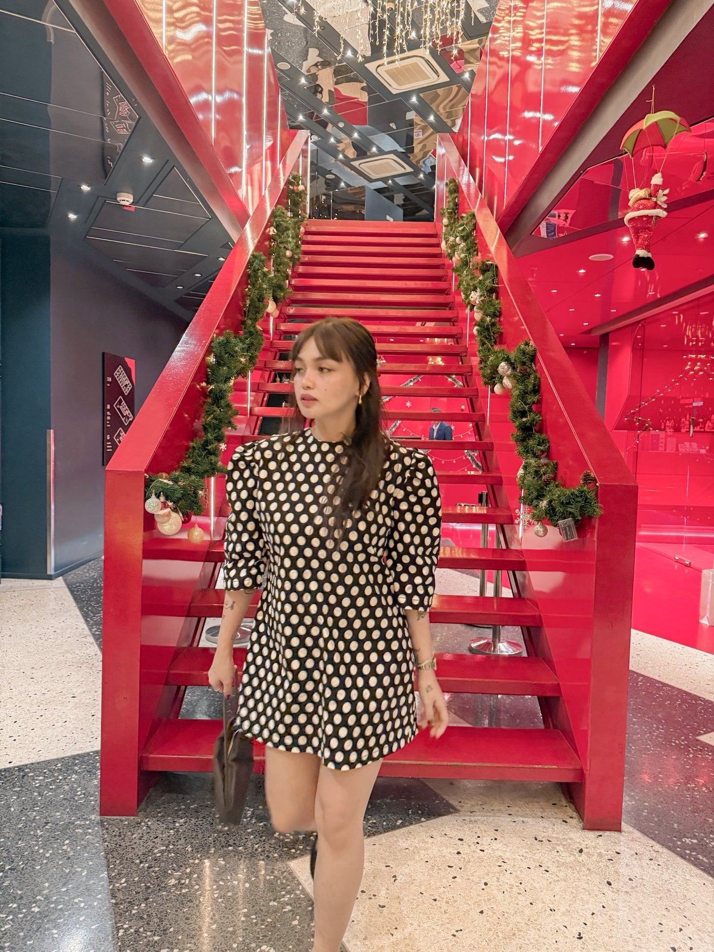 Polka Dot Puff-Sleeve Shift Dress