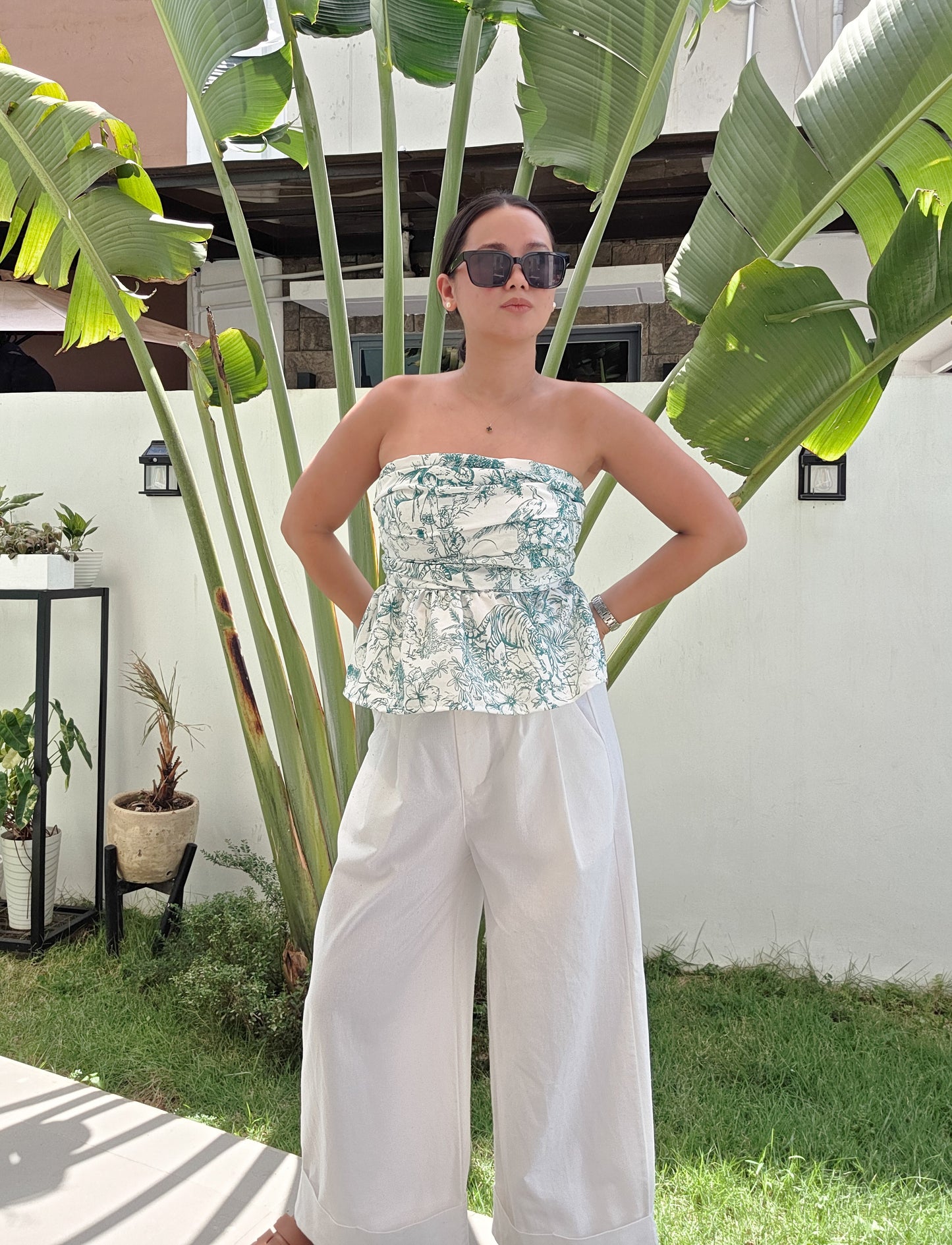 Toile Ruched Peplum Tube Top