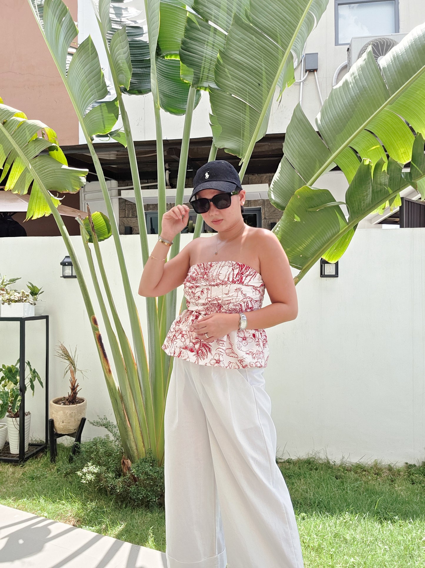 Toile Ruched Peplum Tube Top
