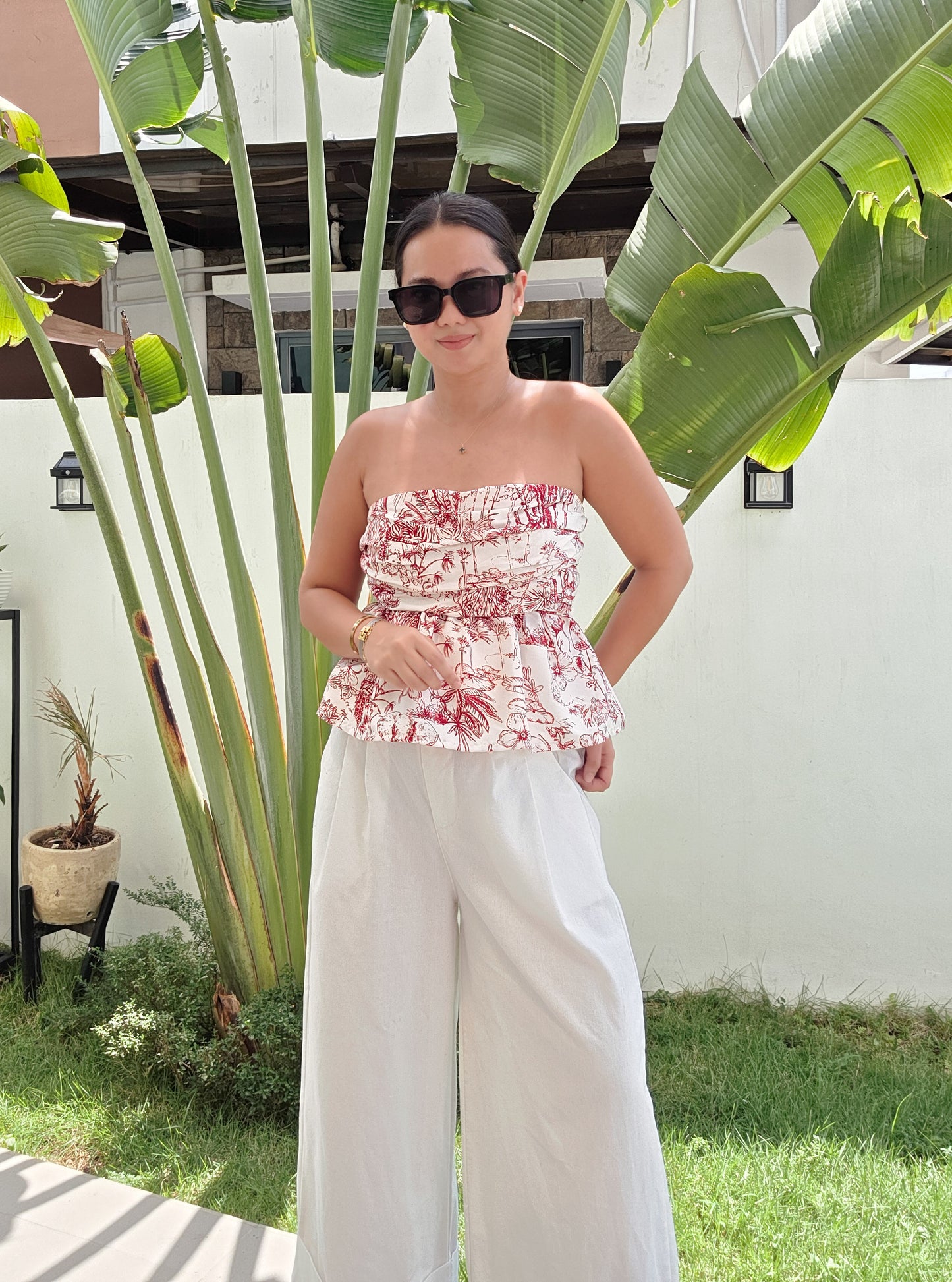 Toile Ruched Peplum Tube Top