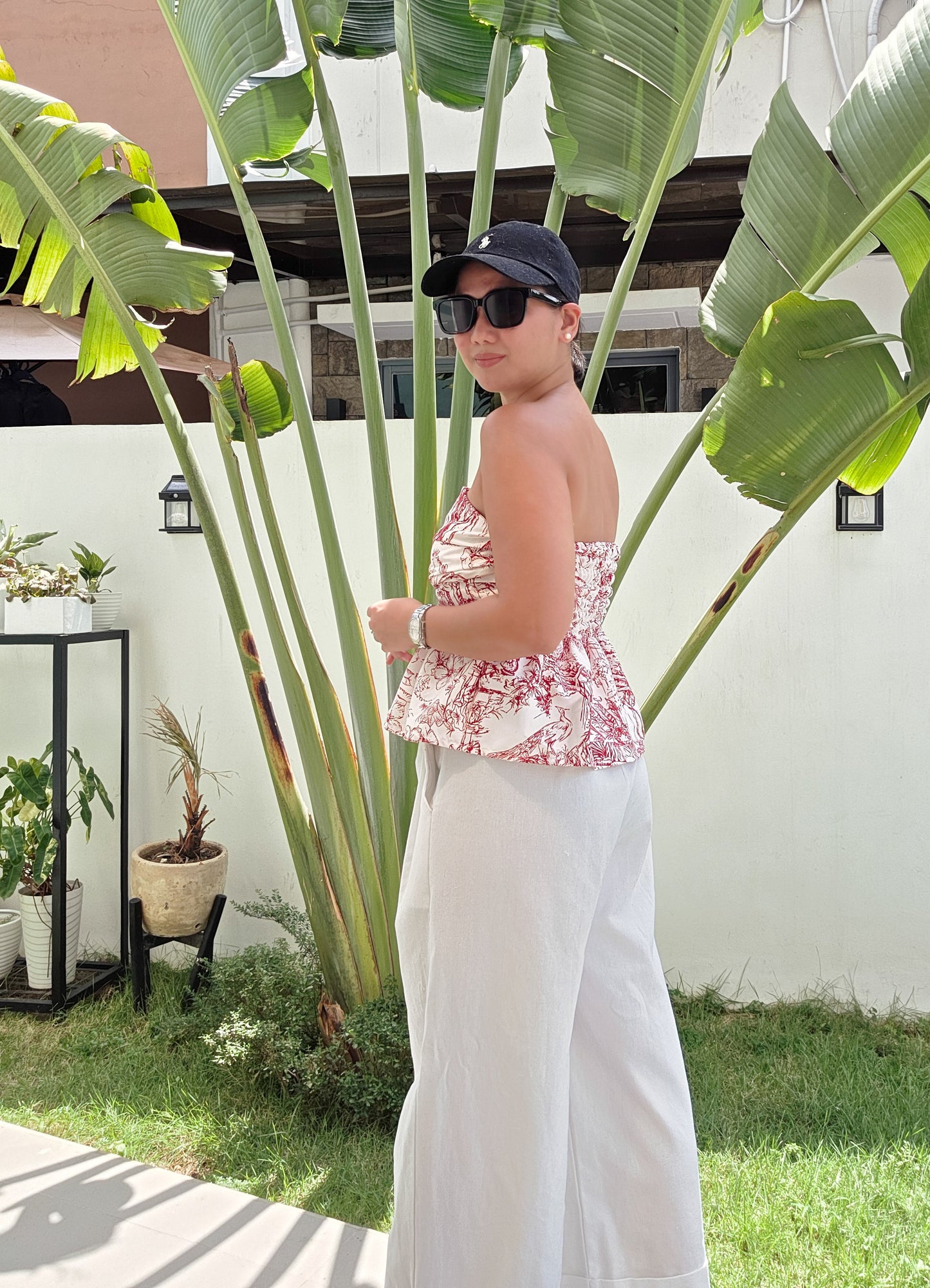 Toile Ruched Peplum Tube Top