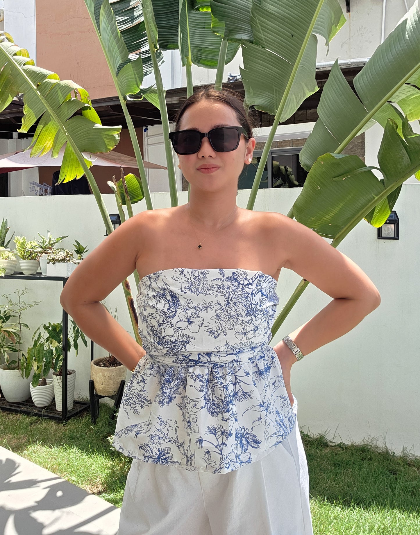 Toile Ruched Peplum Tube Top