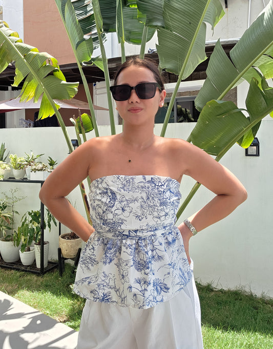 Toile Ruched Peplum Tube Top