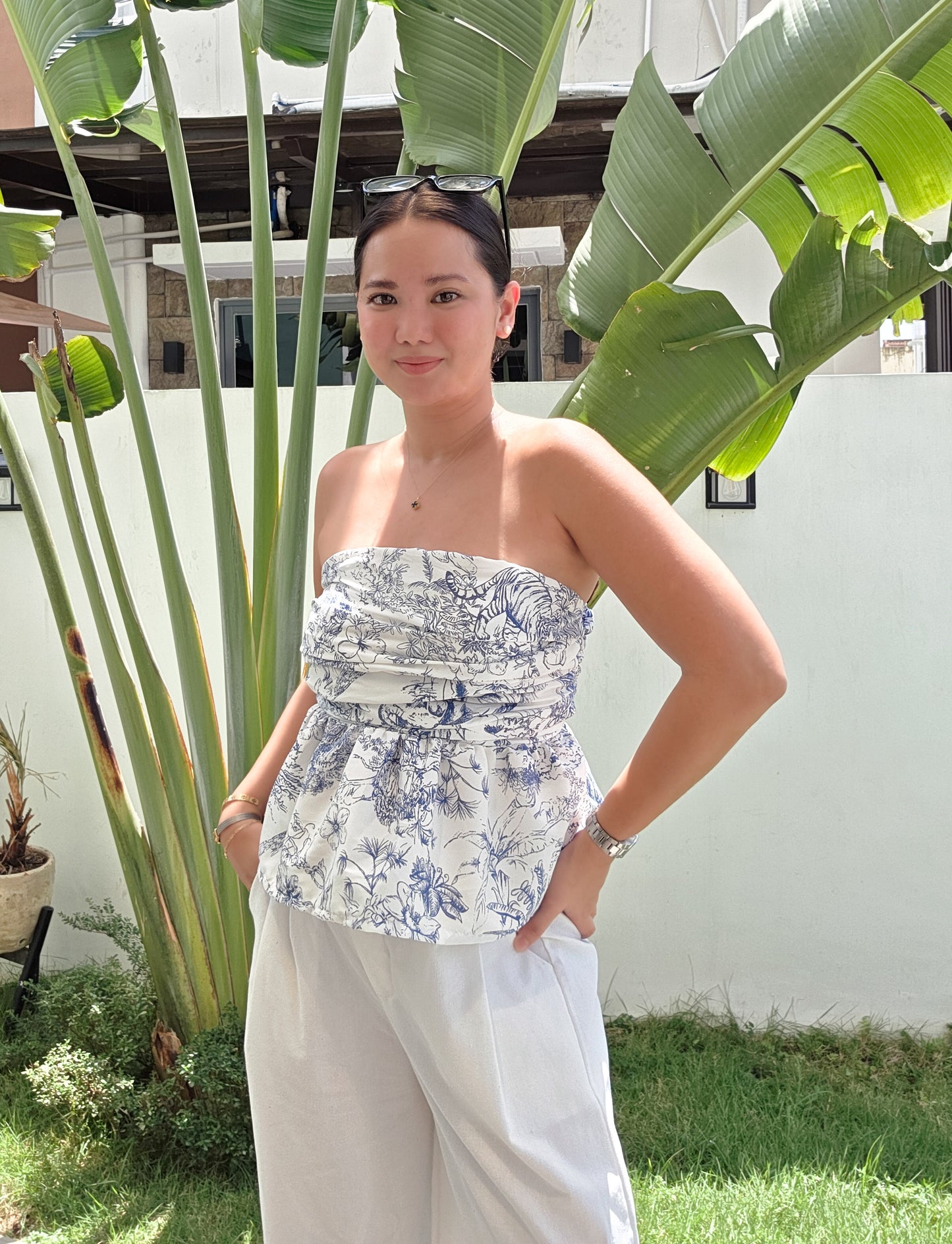 Toile Ruched Peplum Tube Top