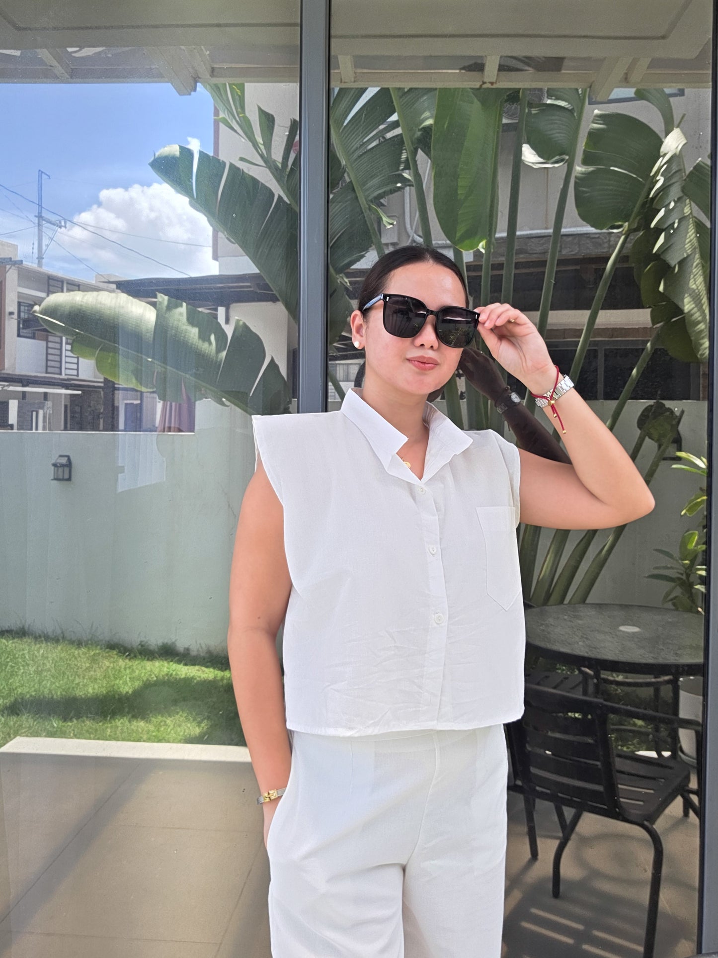 White Linen Boxy Button Top