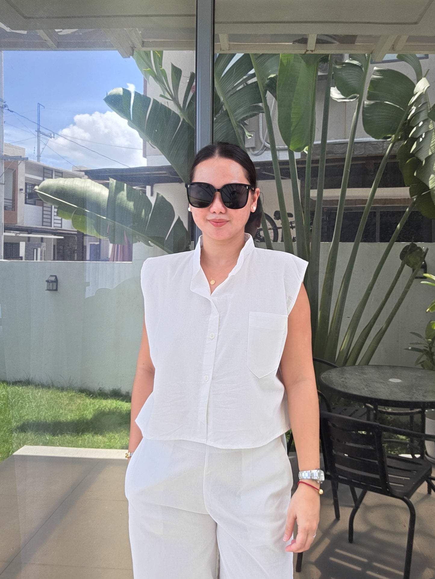 White Linen Boxy Button Top