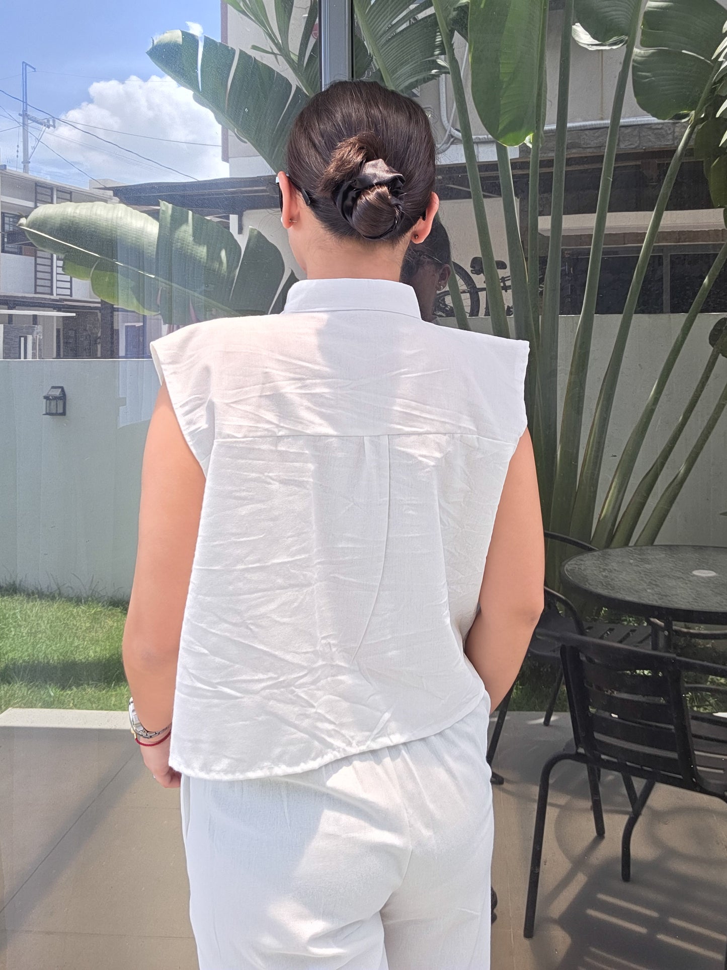 White Linen Boxy Button Top