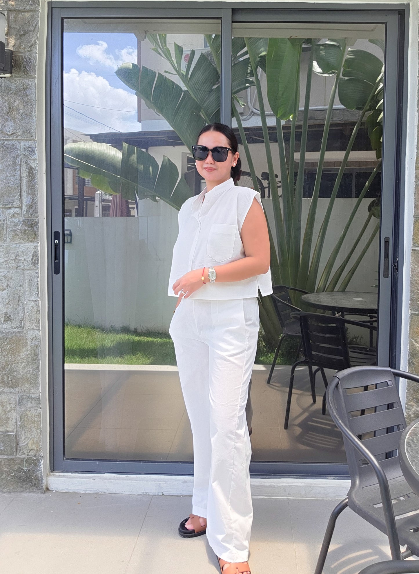 White Linen Boxy Button Top