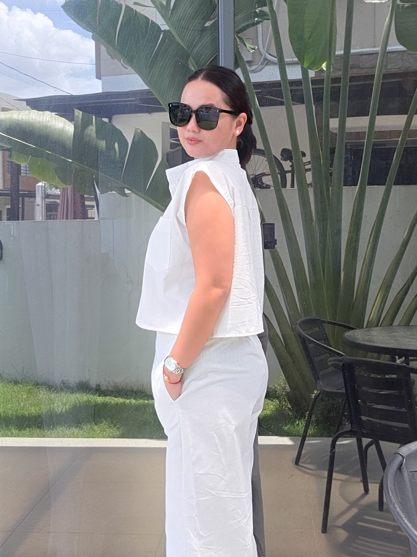 White Linen Boxy Button Top