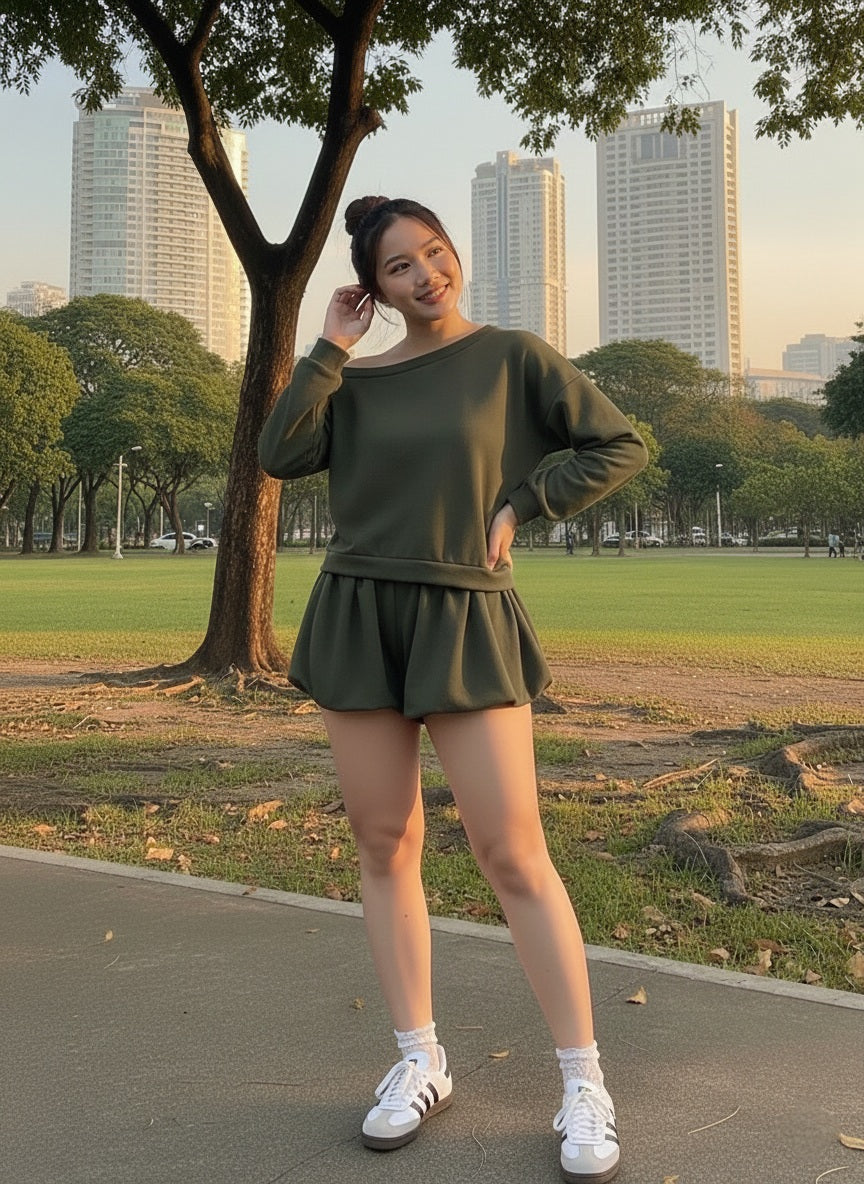 Side Shoulder and Balloon Shorts Set