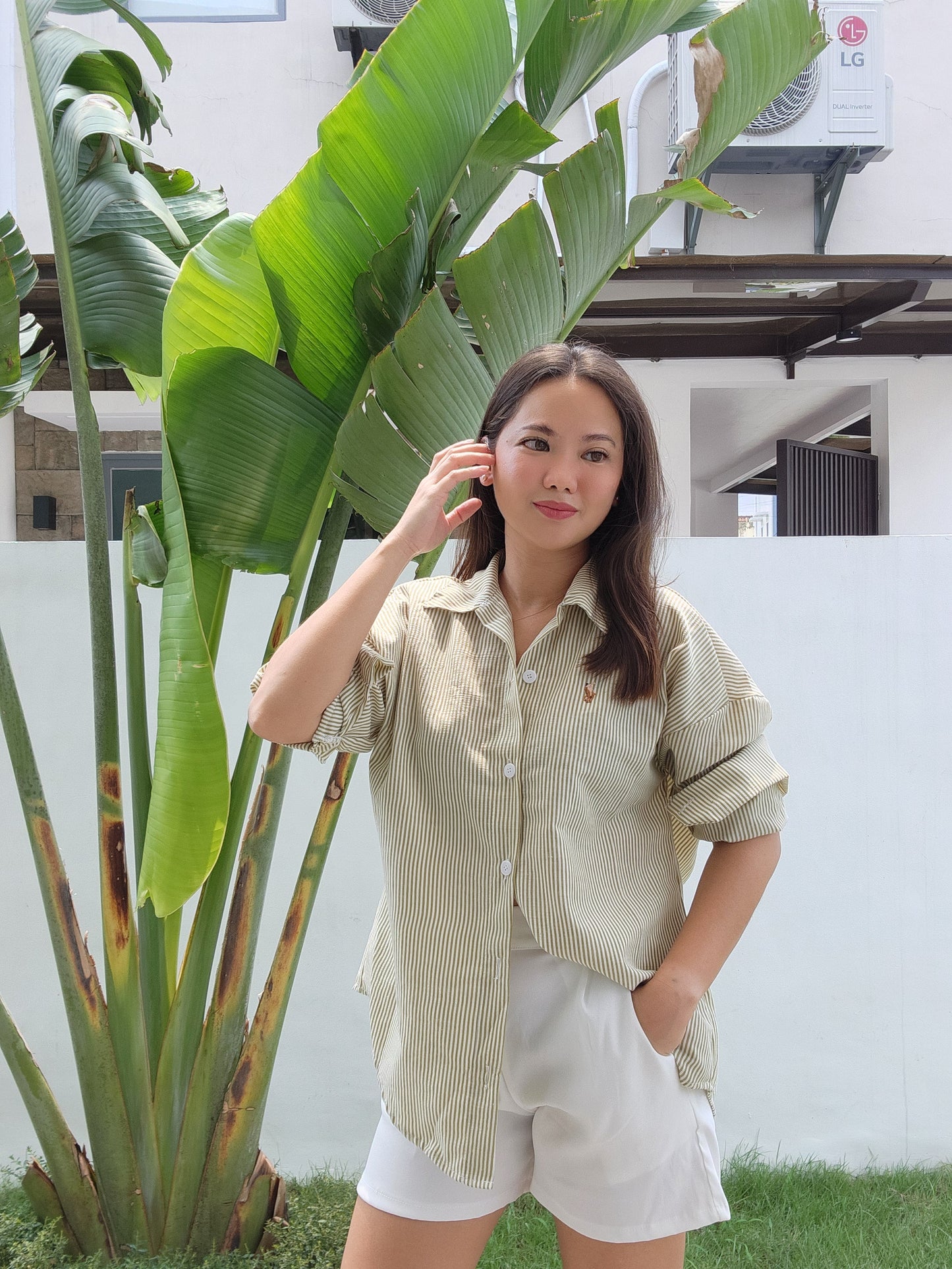 Striped Button Down Shirt w/ Embroidered Detail