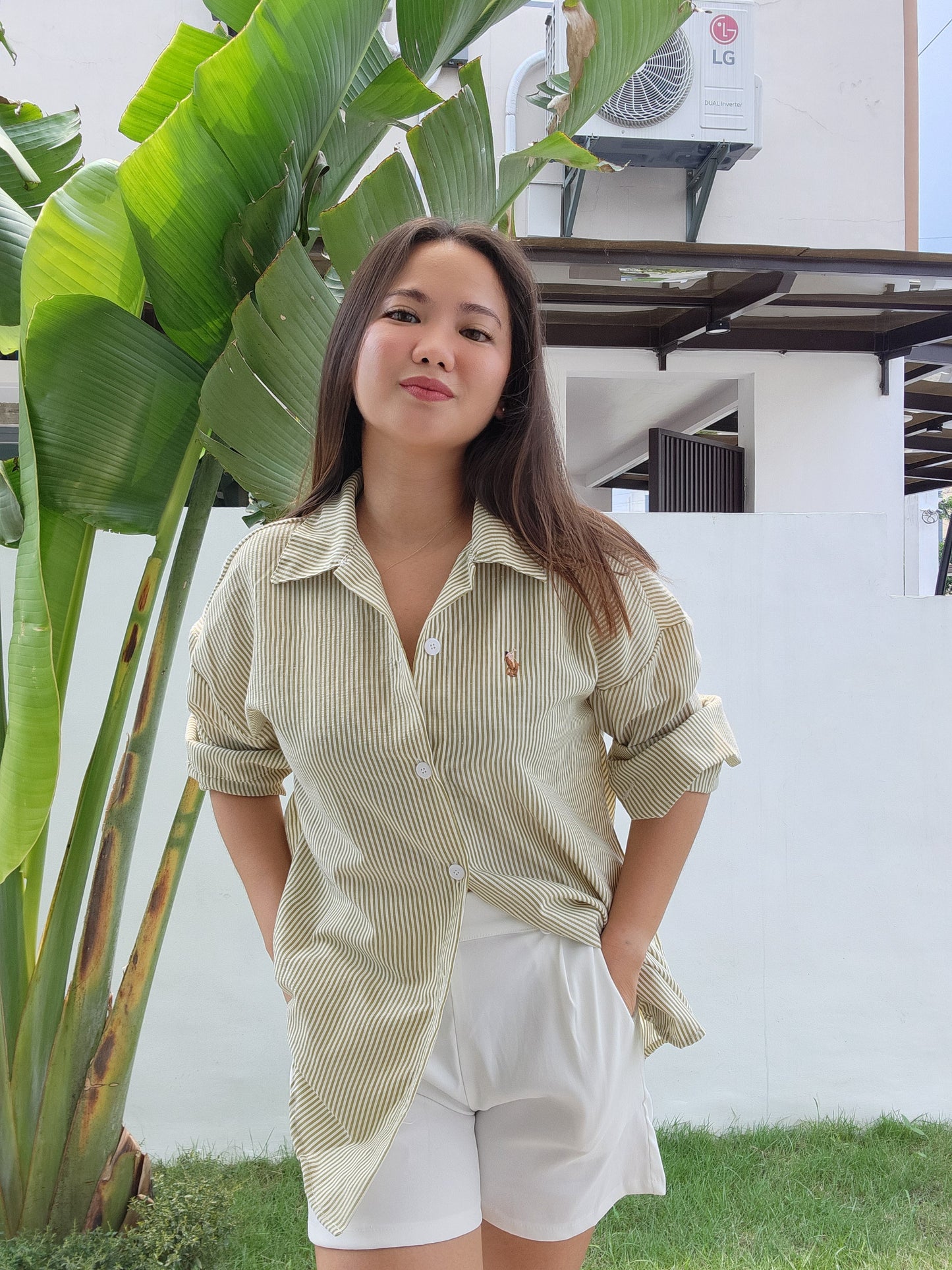 Striped Button Down Shirt w/ Embroidered Detail