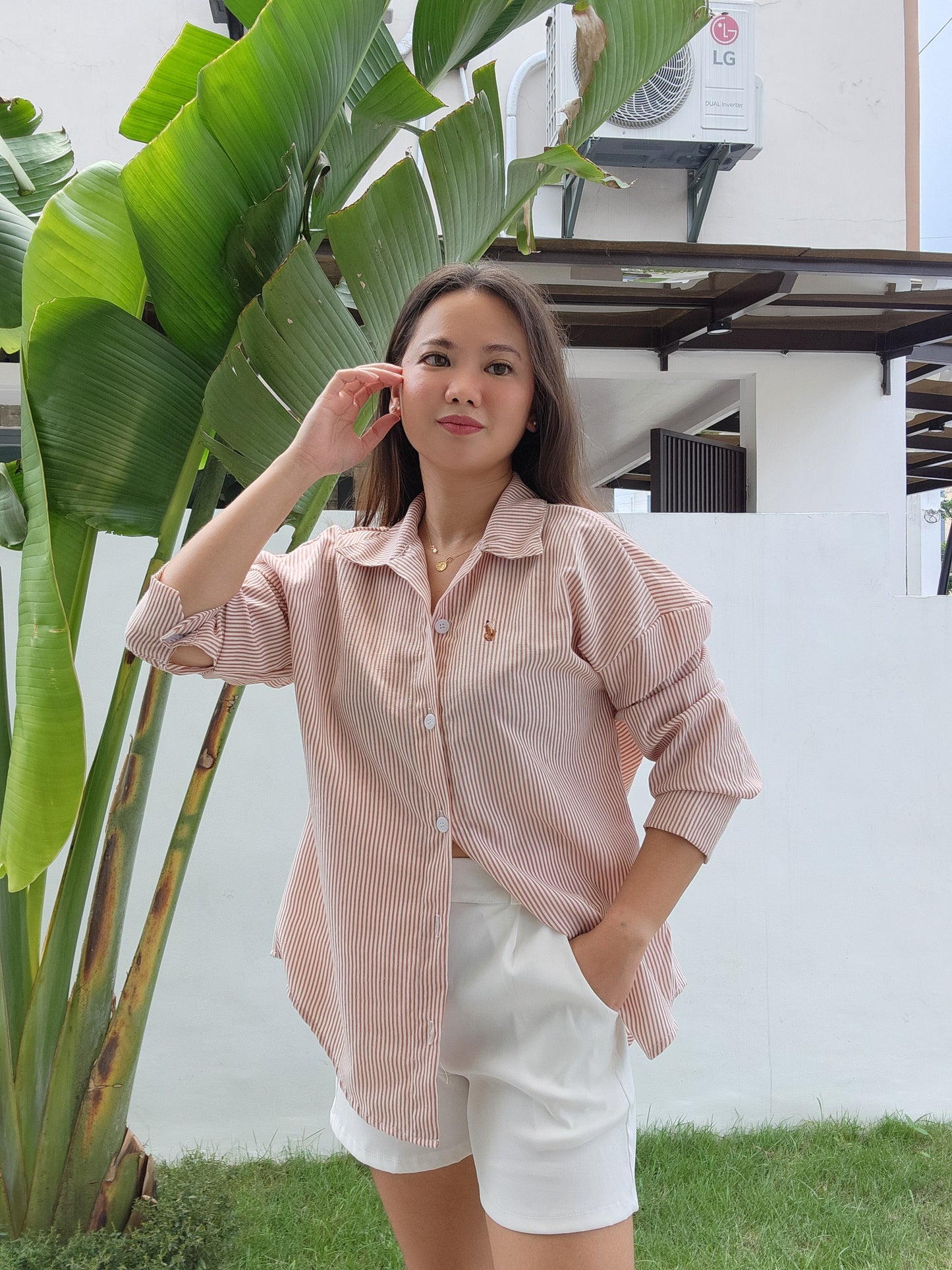 Striped Button Down Shirt w/ Embroidered Detail