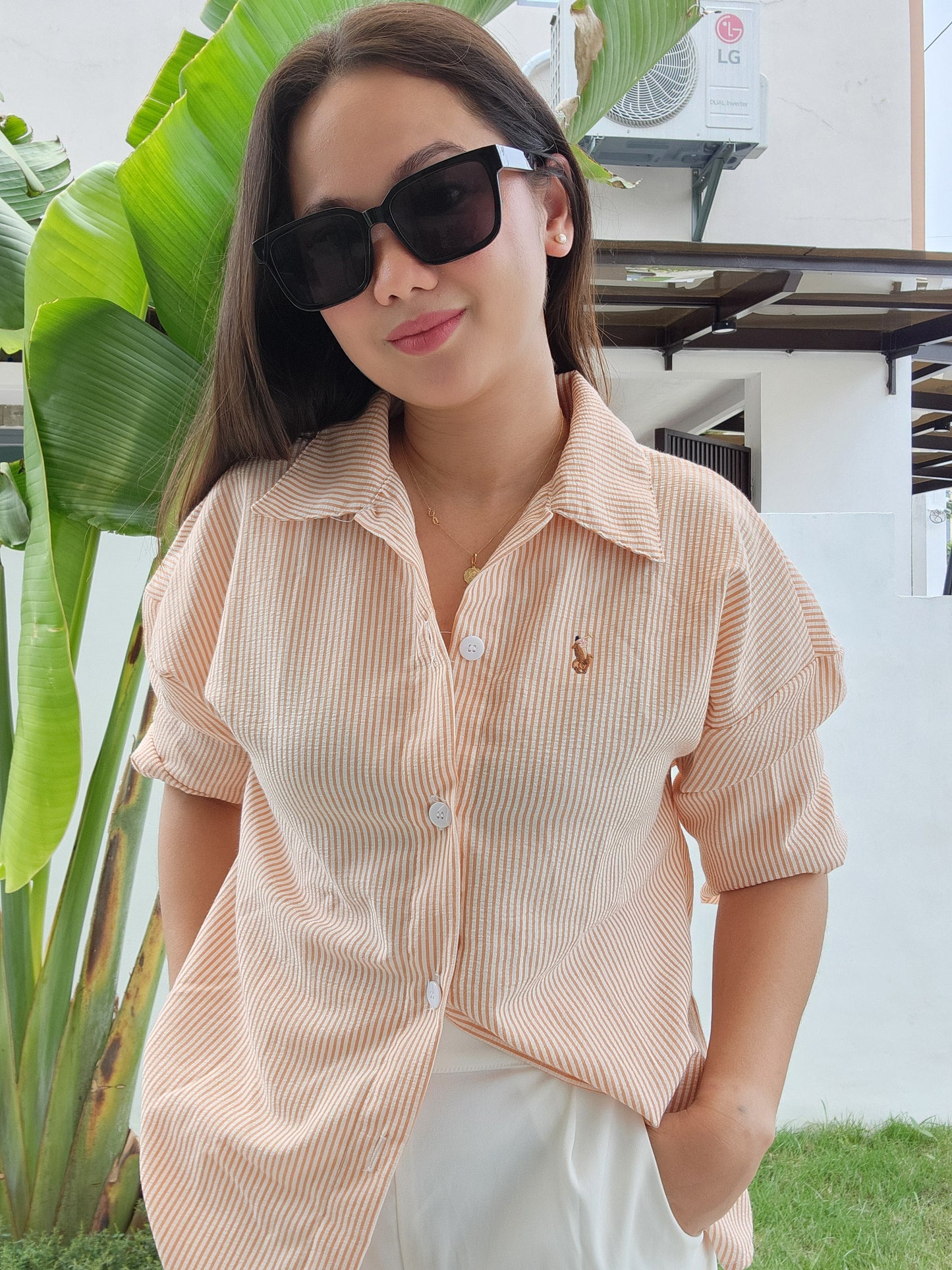 Striped Button Down Shirt w/ Embroidered Detail