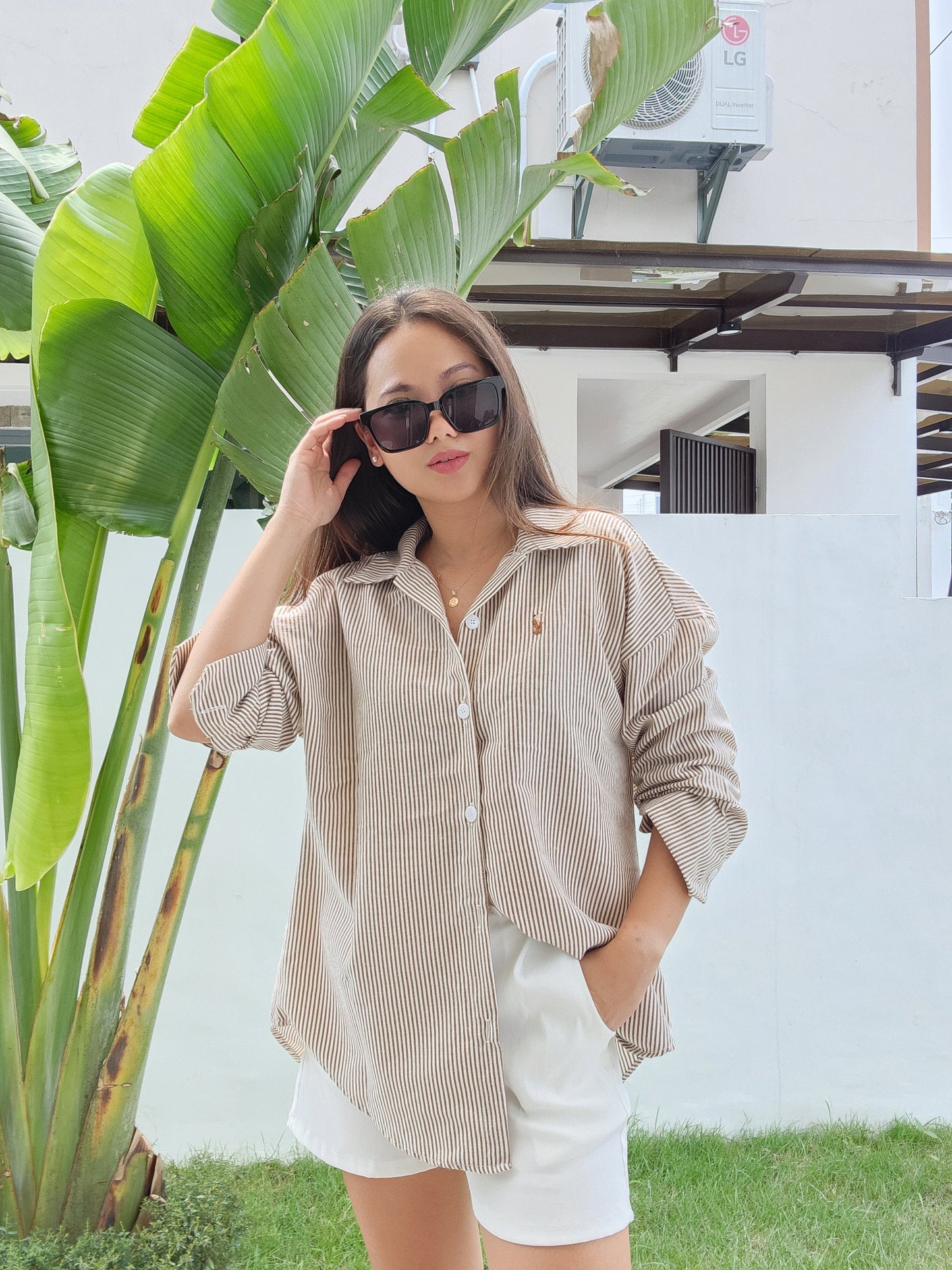 Striped Button Down Shirt w/ Embroidered Detail