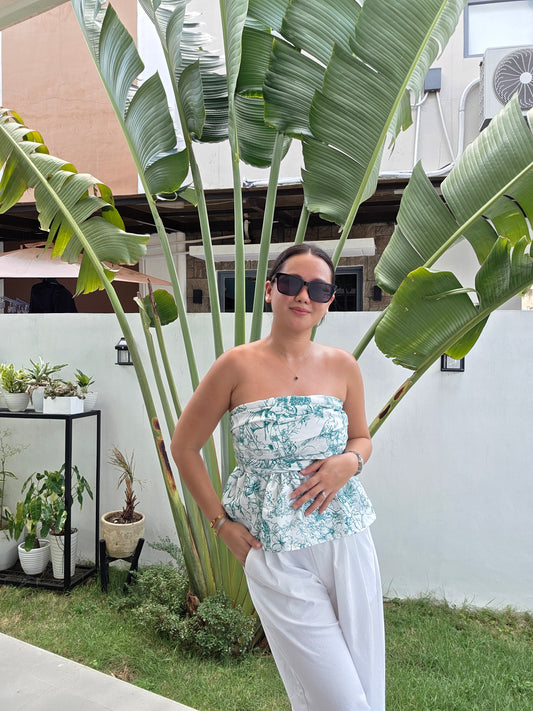 Toile Ruched Peplum Tube Top