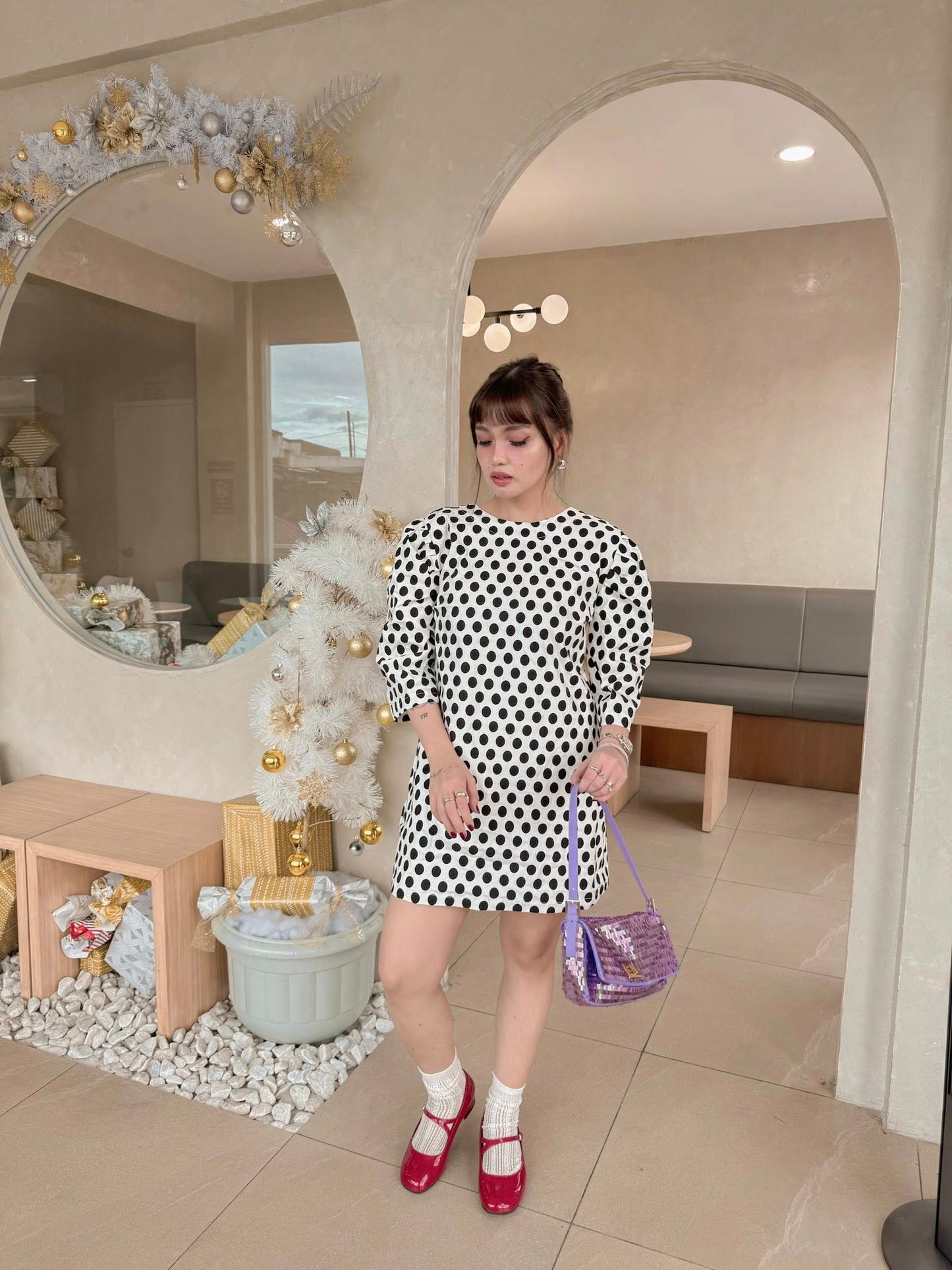 Polka Dot Puff-Sleeve Shift Dress