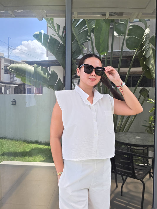 White Linen Boxy Button Top