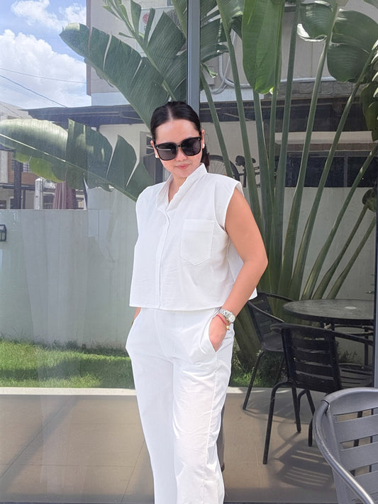 White Linen Boxy Button Top